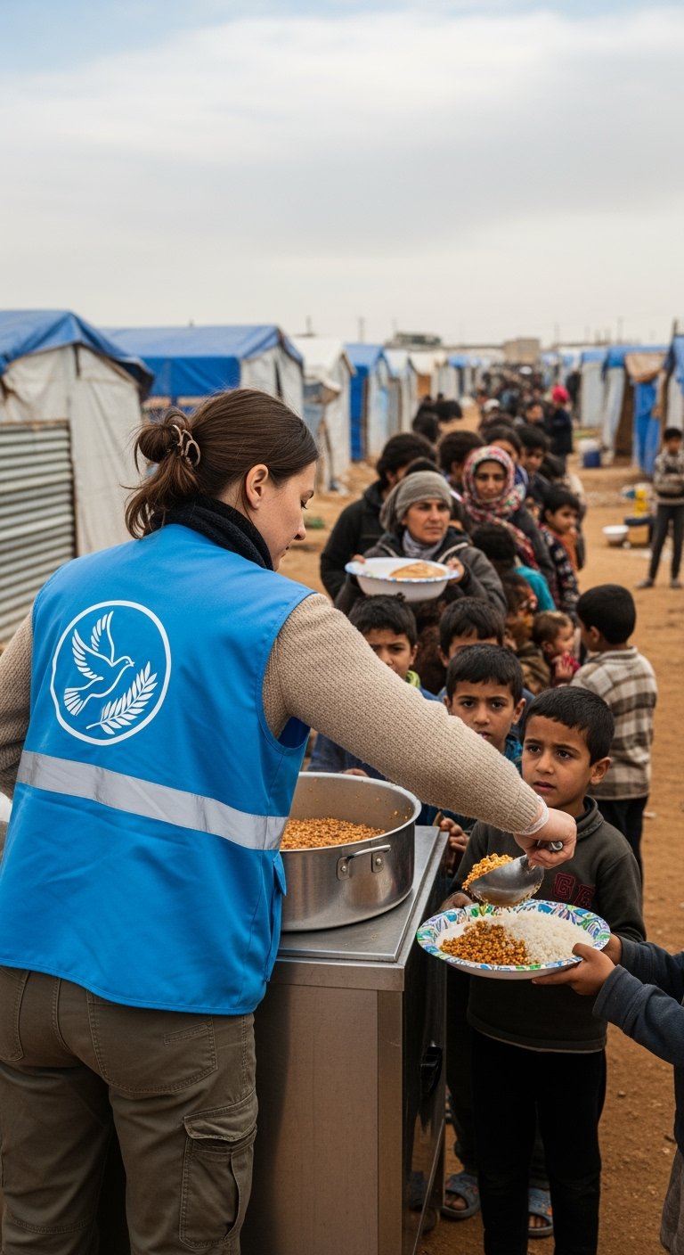 volunteer distributing food to refugees